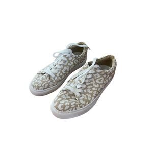 J Crew Womens Tan White Lace Up Leopard Low Top Sneakers Tennis Shoes Size 8.5